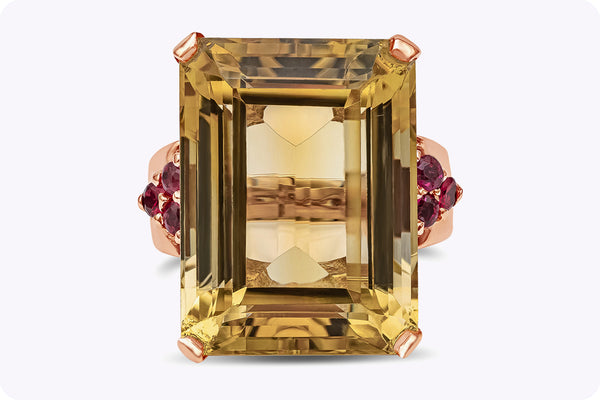 23.92 Carats Emerald Cut Golden Citrine and Round Ruby Cocktail Ring in Rose Gold