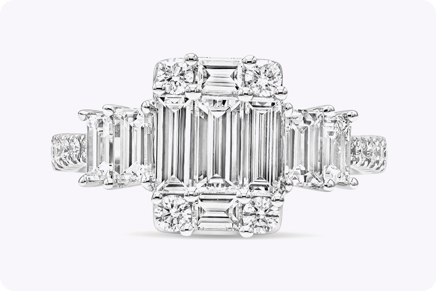 1.83 Carats Total Baguette & Round Diamond Cluster Illusion Engagement Ring in White Gold