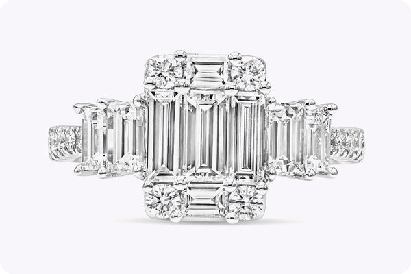 1.83 Carats Total Baguette & Round Diamond Cluster Illusion Engagement Ring in White Gold