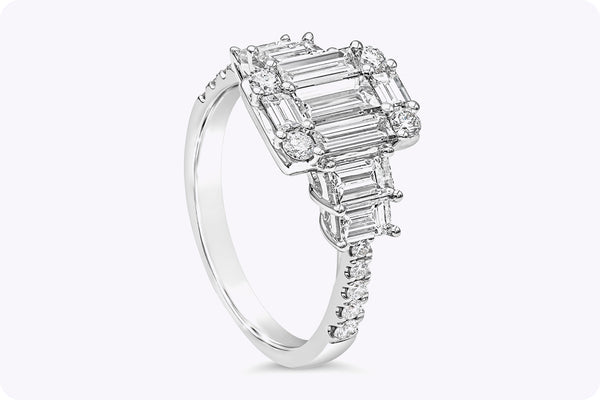 1.83 Carats Total Baguette & Round Diamond Cluster Illusion Engagement Ring in White Gold