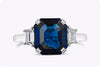 GIA Certified 3.73 Carats Emerald Cut Blue Sapphire with Diamond Three-Stone Engagement Ring in Platinum