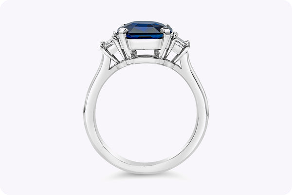 GIA Certified 3.73 Carats Emerald Cut Sapphire & Diamond Three-Stone Engagement Ring in Platinum