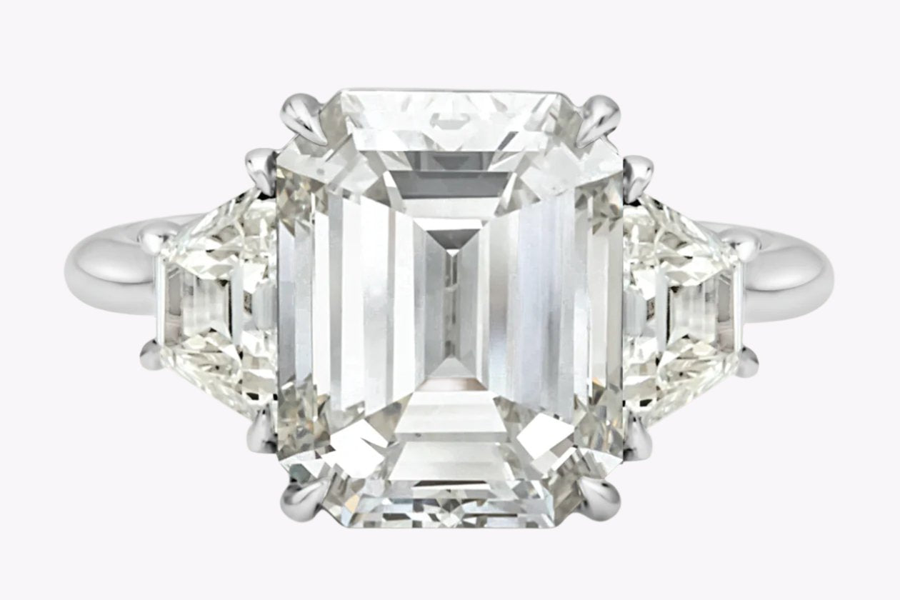 GIA Certified 5.81 Carats Emerald Cut Diamond Three-Stone Engagement Ring in Platinum