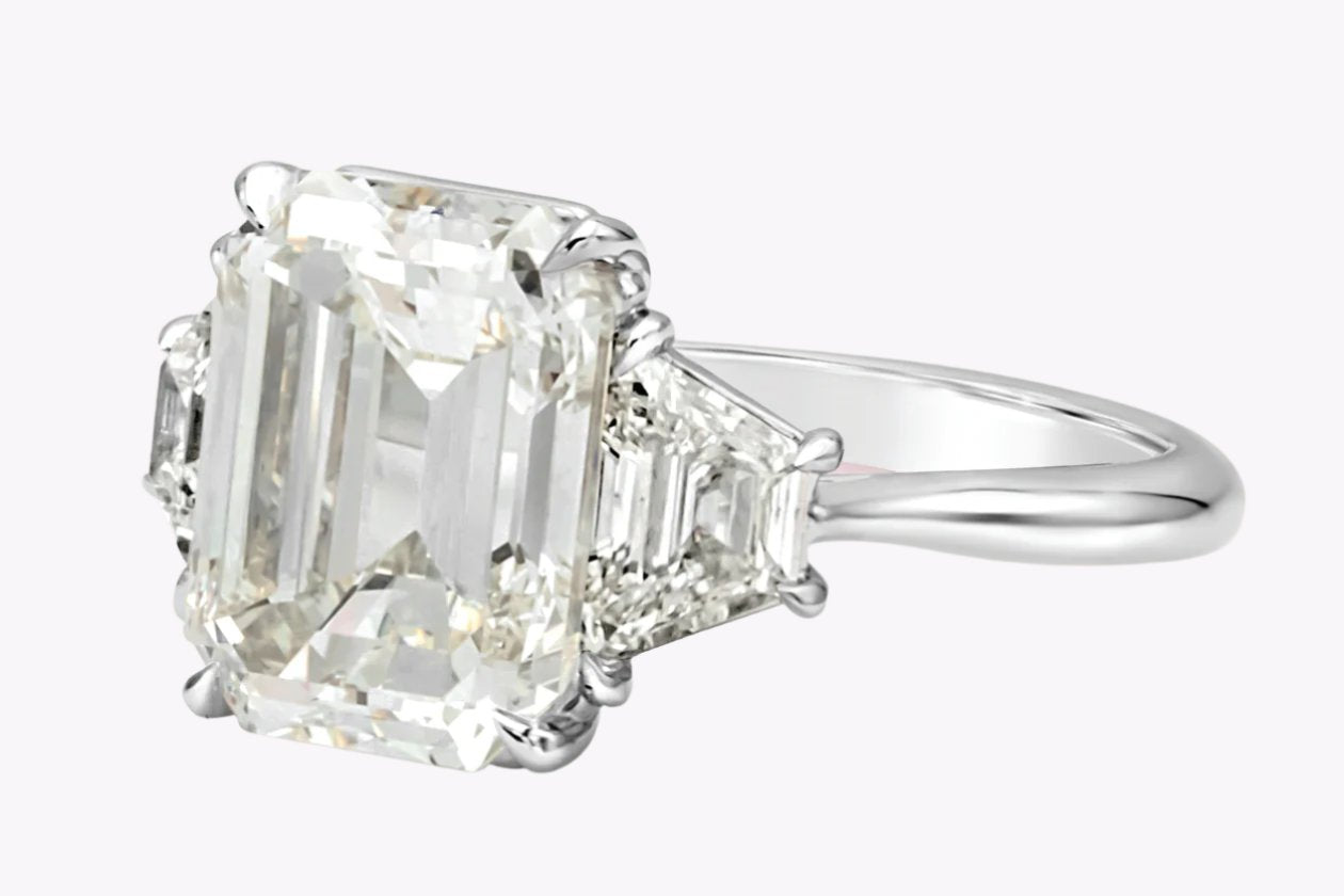 GIA Certified 5.81 Carats Emerald Cut Diamond Three-Stone Engagement Ring in Platinum