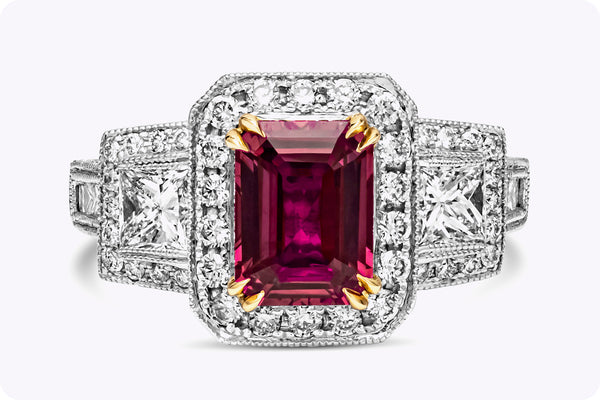 GIA Certified 2.03 Carats Emerald Cut Ruby & Diamond Three-Stone Engagement Ring in White Gold & Yellow Gold