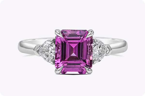 GIA Certified 2.04 Carats Emerald Cut Purple Pink Sapphire & Diamond Three-Stone Engagement Ring in Platinum