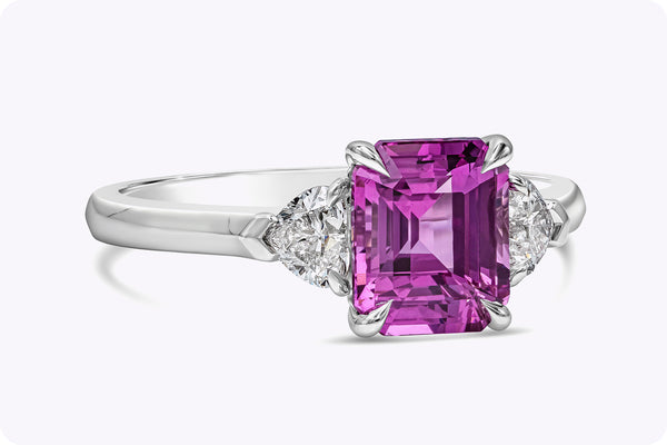 GIA Certified 2.04 Carats Emerald Cut Purple Pink Sapphire & Diamond Three-Stone Engagement Ring in Platinum