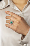 Antique 0.75 Carats Emerald Cut Green Emerald with Diamond Cluster Fashion Ring in White Gold