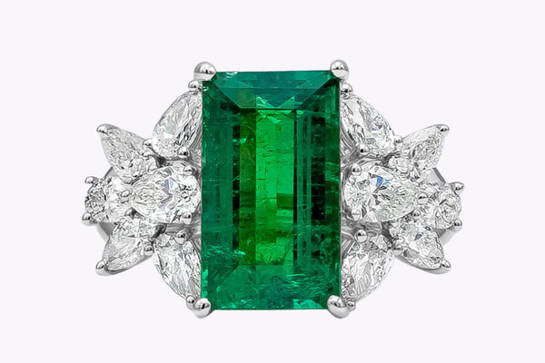 5.40 Carats Baguette Cut Colombian Emerald & Diamond Cocktail Ring in White Gold