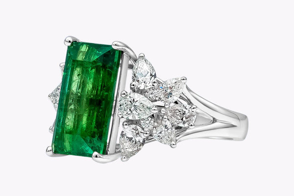 5.40 Carats Baguette Cut Colombian Emerald & Diamond Cocktail Ring in White Gold