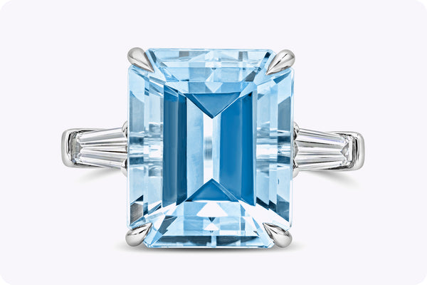 GIA Certified 9.73 Carats Emerald Cut Aquamarine & Diamond Three-Stone Engagement Ring in Platinum