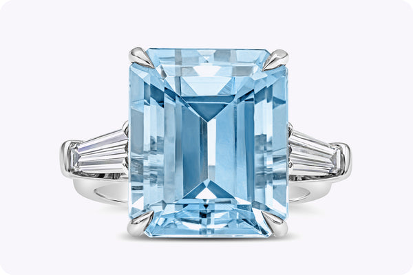 GIA Certified 9.73 Carats Emerald Cut Aquamarine & Diamond Three-Stone Engagement Ring in Platinum