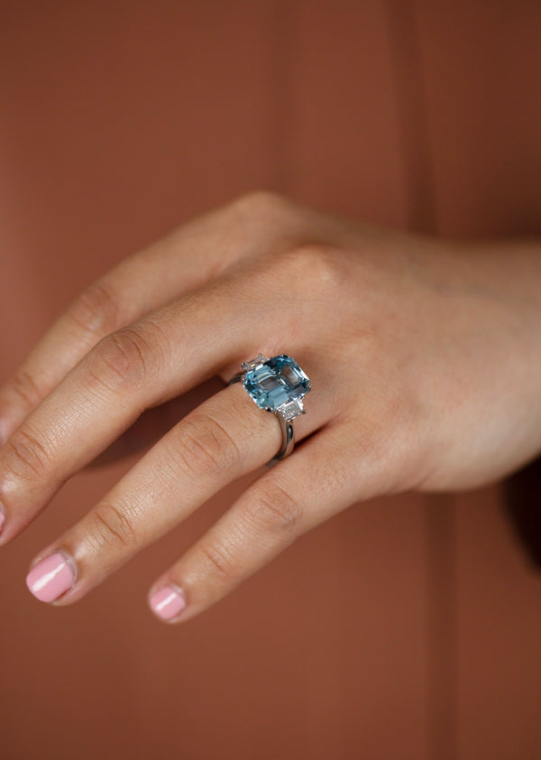 Blue Aquamarine & Diamond Three-Stone Engagement Ring 