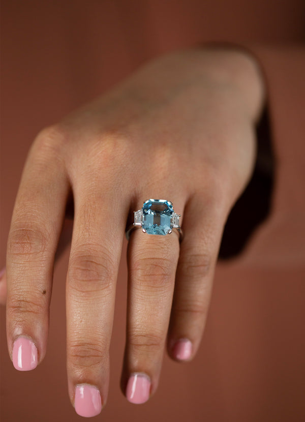 Cut Blue Aquamarine & Diamond Three-Stone Engagement Ring in Platinum