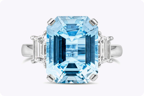 6.07 Carats Emerald Cut Blue Aquamarine & Diamond Three-Stone Engagement Ring in Platinum