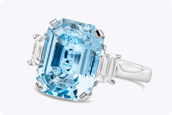 6.07 Carats Emerald Cut Blue Aquamarine & Diamond Three-Stone Engagement Ring in Platinum