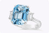 6.07 Carats Emerald Cut Blue Aquamarine & Diamond Three Stone Engagement Ring in Platinum