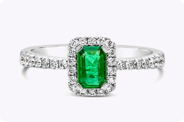 0.49 Carats Total Emerald Cut Green Emerald & Diamond Halo Engagement Ring in White Gold