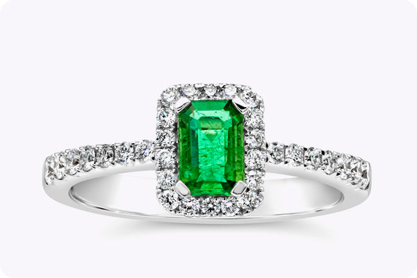 0.49 Carats Total Emerald Cut Green Emerald & Diamond Halo Engagement Ring in White Gold