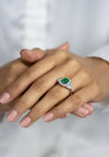 1.90 Carats Emerald Cut Green Emerald & Diamond Three Stone Halo Engagement Ring in White Gold