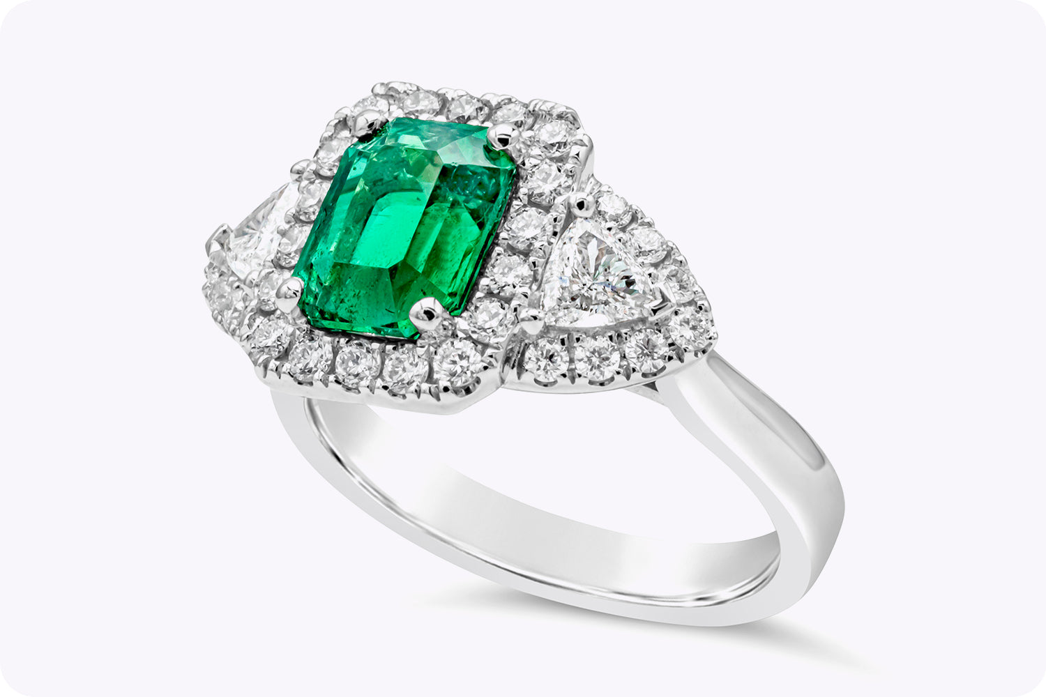 1.90 Carats Emerald Cut Emerald & Diamond Engagement Ring in White Gold