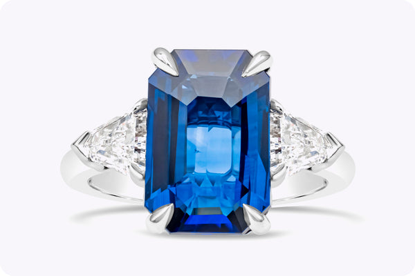 5.04 Carats Emerald Cut Blue Sapphire & Diamond Three-Stone Engagement Ring in Platinum