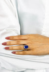 10.62 Carats Emerald Cut Blue Sapphire & Diamond Three-Stone Engagement Ring in Platinum