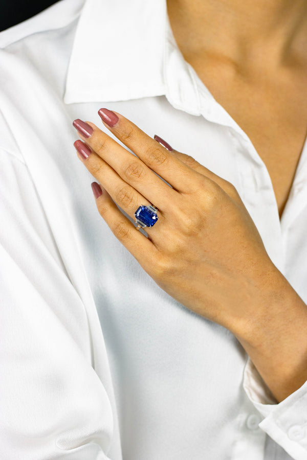  Emerald Cut Blue Sapphire & Diamond Three-Stone Engagement Ring in Platinum