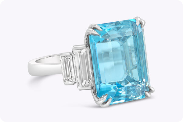 13.58 Carats Emerald Cut Aquamarine & Diamond Engagement Ring in Platinum