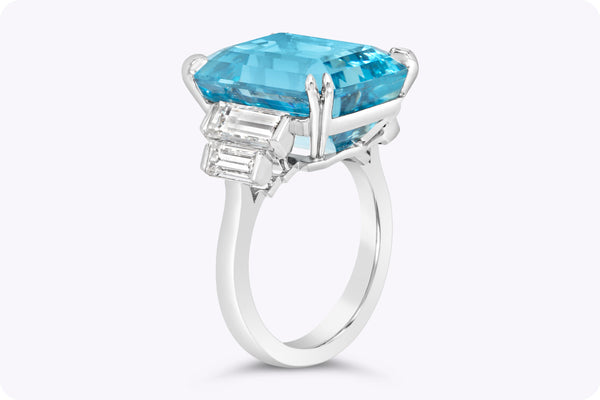 13.58 Carats Emerald Cut Aquamarine & Diamond Five-Stone Engagement Ring in Platinum