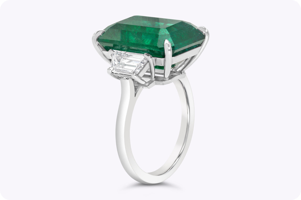 12.82 Carats Emerald Cut Emerald & Diamond Three-Stone Engagement Ring in Platinum