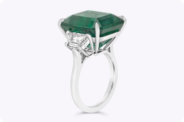 16.10 Carats Emerald Cut Emerald & Diamond Three-Stone Engagement Ring in Platinum