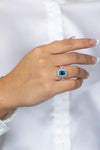 3.45 Carats Emerald Cut Blue Zirconia & Diamond Halo Engagement Ring in Platinum