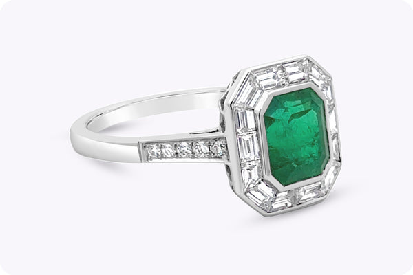 1.44 Carats Emerald Cut Colombian Emerald & Diamond Engagement Ring in Platinum