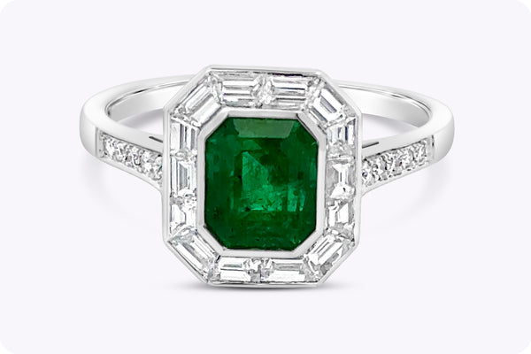 1.44 Carats Emerald Cut Colombian Emerald & Diamond Engagement Ring in Platinum