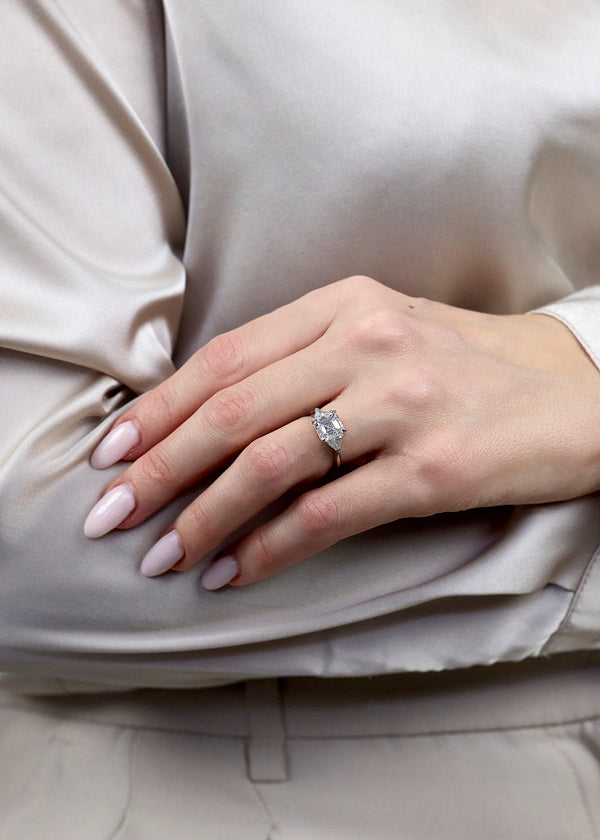 GIA-Certified 3.01-Carat Asscher Cut Diamond Three-Stone Engagement Ring in Platinum