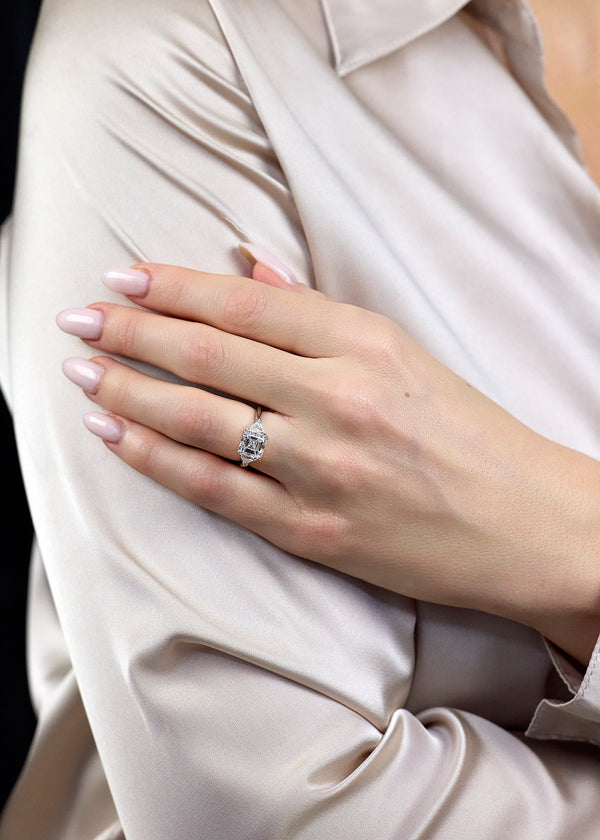 GIA-Certified 3.01-Carat Asscher Cut Diamond Three-Stone Engagement Ring in Platinum