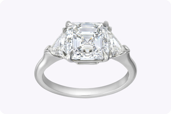 GIA-Certified 3.01-Carat Asscher Cut Diamond Three-Stone Engagement Ring in Platinum