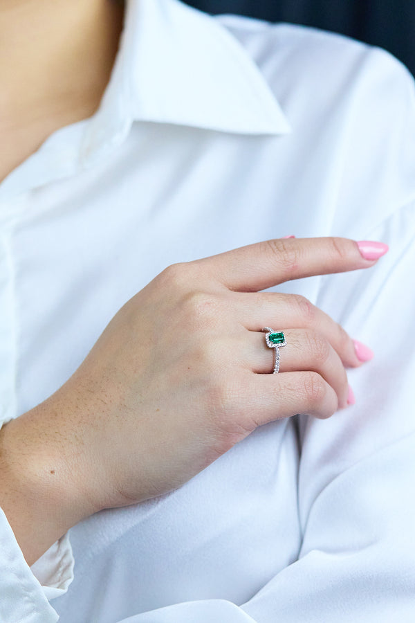 Emerald & Diamond Halo Engagement Ring
