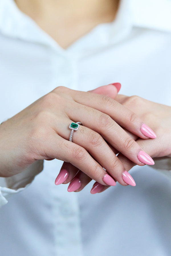 Emerald Diamond Halo Engagement Ring in NYC