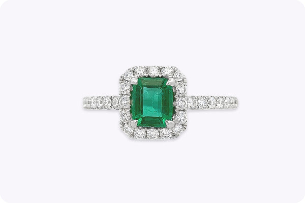 0.84 Carat Emerald Cut Emerald & Diamond Halo Engagement Ring in White Gold