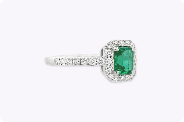 0.84 Carat Emerald Cut Emerald & Diamond Halo Engagement Ring in White Gold
