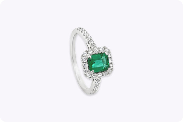 0.84 Carat Emerald Cut Emerald & Diamond Halo Engagement Ring in White Gold