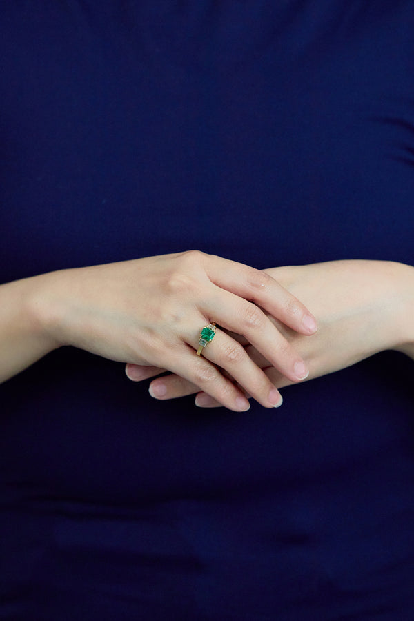 GIA Certified 1.17 Carat Emerald Cut Emerald & Diamond Three-Stone Engagement Ring in Yellow Gold