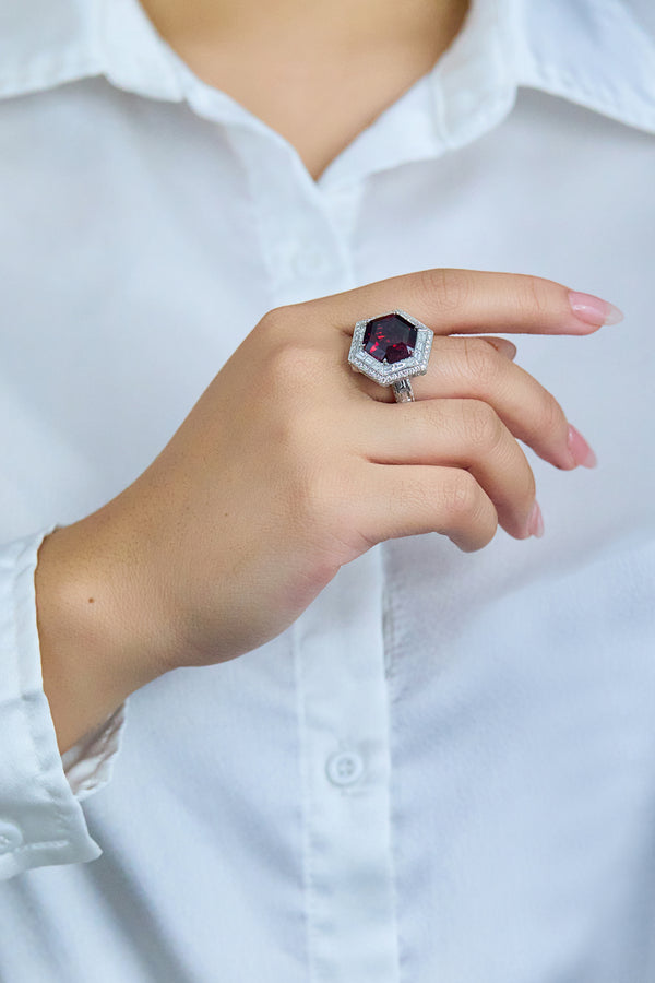 11.92 Carat Hexagon Cut Rhodolite Garnet Ring