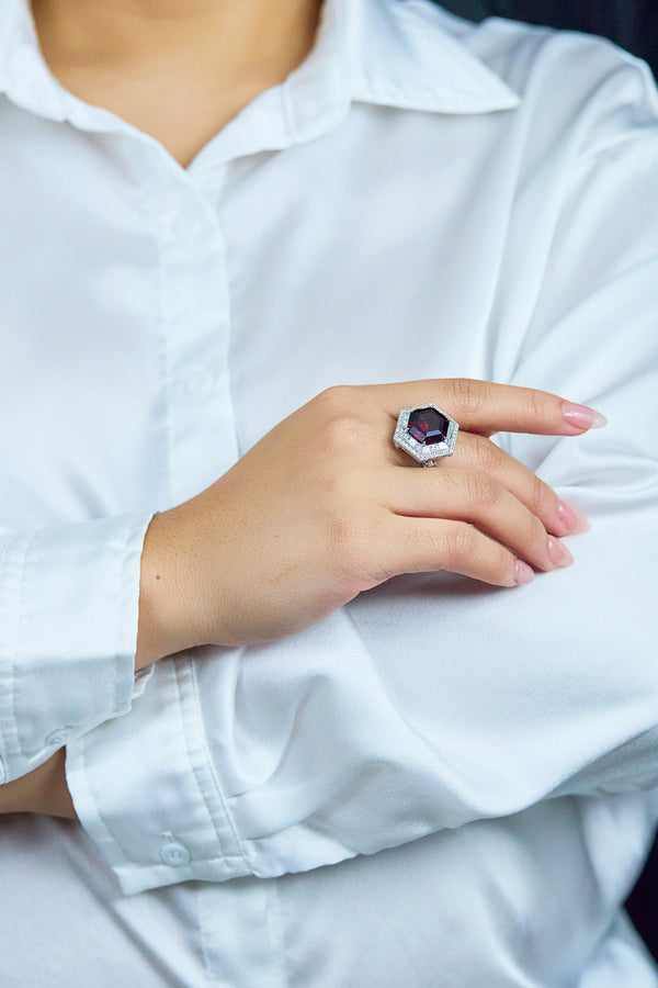 11.92 carat hexagon-cut rhodolite garnet ring in platinum