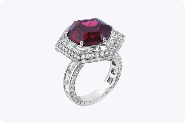 11.92 Carat Hexagon Cut Rhodolite Garnet Double Halo Fashion Ring in Platinum