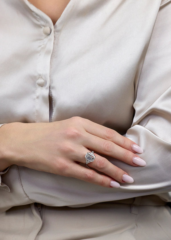 GIA Certified 6.01 Carat Emerald-Cut Diamond Three-Stone Engagement Ring in Platinum