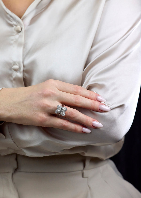 GIA Certified 5.19 Carats Total Emerald-Cut Diamond Cocktail Ring in Platinum