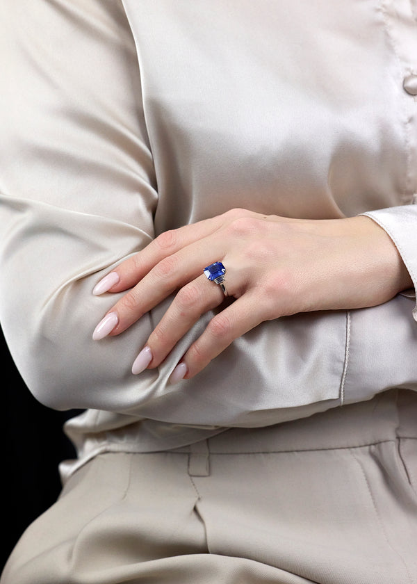 6.39 Carat Emerald-Cut No-Heat Sapphire & Diamond Three-Stone Engagement Ring in Platinum